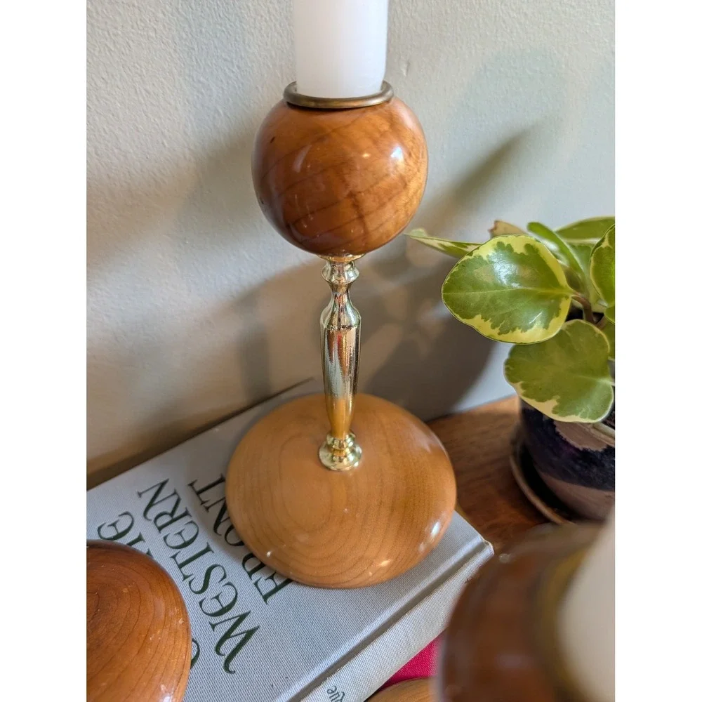 Vintage Mid Century Modern Oregon Myrtlewood Candlestick‎ Holders Set of 3 Gold